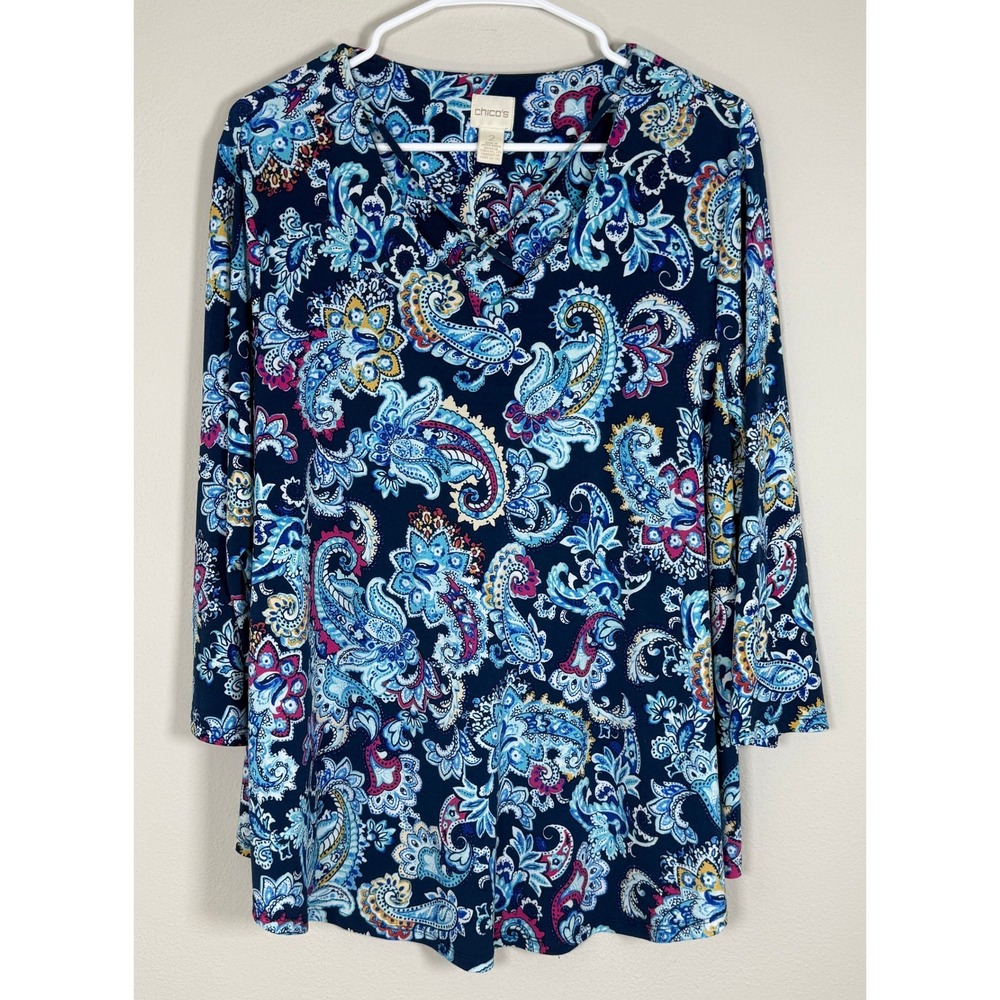 Chico's Paisley Top Women 2 Large 3/4 Sleeve Boho Coastal Grandma Vacation